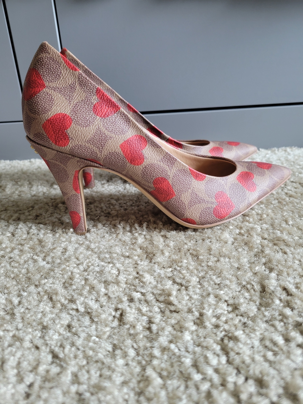 Coach Brown Signature Canvas Pointed-Toe Pumps with Red Hearts - Picture 2 of 4